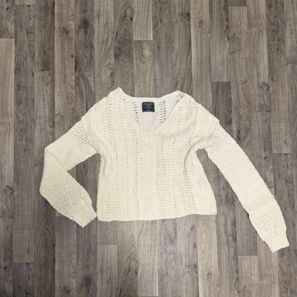 Abercrombie & fitch crochet knit pointelle v neck sweater cream - Picture 2 of 6